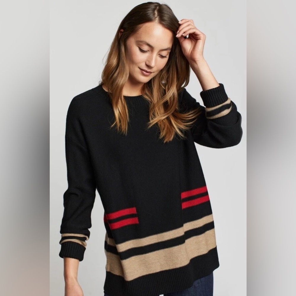 Pendleton Women’s Merino Manta Black Sweater Wool Red & Tan Stripes Size XL EUC
